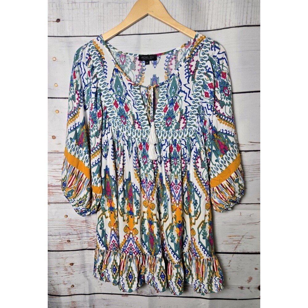 Rachel Zoe Womens Top Size 1X Multicolor Paisley Tunic Tassel Neck 3/4 Sleeve